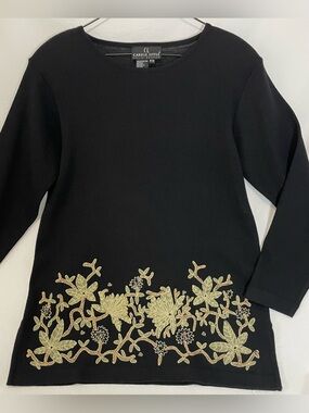 Vintage 90s Carole Little Embroidered Knit Sweater Dress Black Gold Petite Med